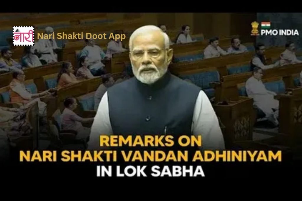 Prime Minister Modi addresses the Lok Sabha on Nari Shakti Vandan Adhiniyam, with 'Nari Shakti Doot App' branding displayed in the corner.