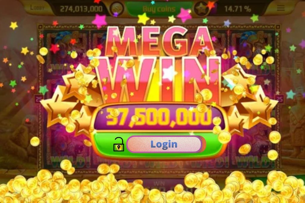 Colorful 'Mega Win' screen with gold coins, stars, and confetti bursting in celebration, displaying a huge 37,500,000 win with a prominent 'Login' button of big win login below.