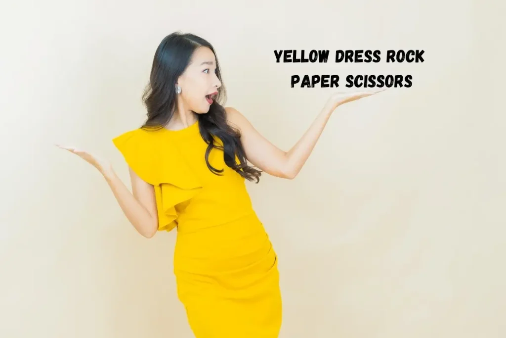 A lady wearing a yellow dress plays Rock Paper Scissors, emphasizing winning strategies and tips.