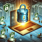 illustration of a secure file-sharing platform featuring a laptop with encrypted file uploads, surrounded by green padlocks and privacy shields, symbolizing data security and encryption. In the background, digital data flows are represented with encrypted shields, highlighting the platform's focus on online privacy, security, and user anonymity, inspired by Xbunker.