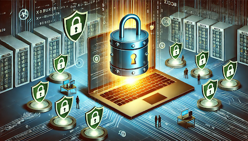 illustration of a secure file-sharing platform featuring a laptop with encrypted file uploads, surrounded by green padlocks and privacy shields, symbolizing data security and encryption. In the background, digital data flows are represented with encrypted shields, highlighting the platform's focus on online privacy, security, and user anonymity, inspired by Xbunker.