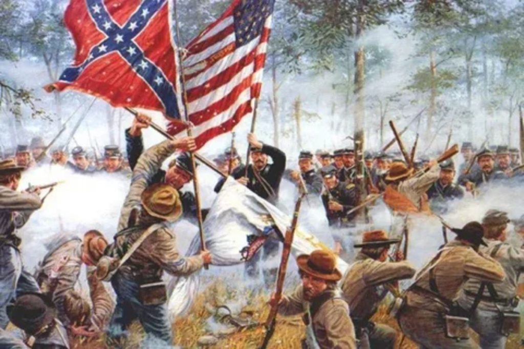 A historical painting depicting a Civil War battle scene with soldiers and flags. The First Battle of Franklin TN Van Dorn