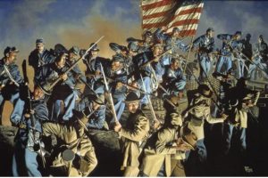 A painting of African American Civil War soldiers charging with an American flag.