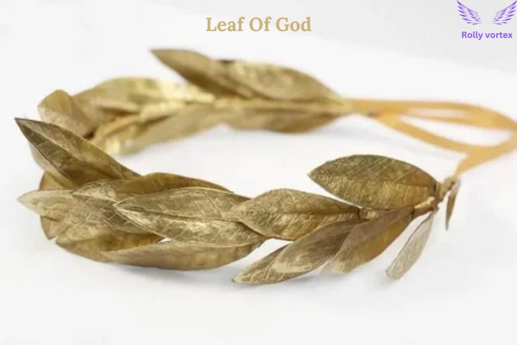 Golden laurel wreath with intricate leaf detailing, labeled 'Leaf of God' at the top, and featuring the Rolly Vortex brand logo in the corner. Elegant and divine accessory. Calea zacatechichi