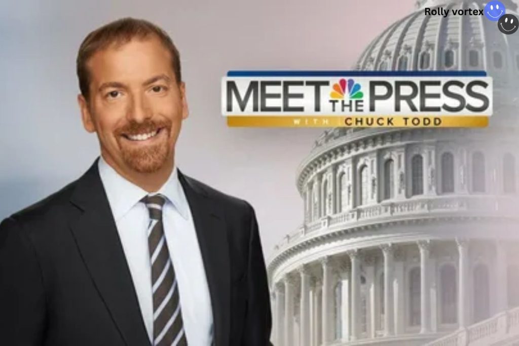 This image shows a promotional graphic for the show "Meet the Press S76E46" featuring host Chuck Todd. The background highlights the U.S. Capitol building. The keyword "Meet the Press S76E4" can be used to indicate a specific episode of the show, which discusses timely political issues in American journalism.