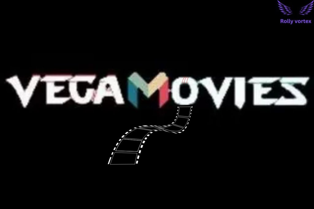 Logo of VegaMovies with bold white letters and a multicolored 'M' in the center, along with a filmstrip design beneath. Rolly Vortex logo appears in the top-right corner.