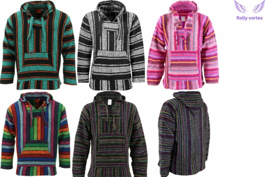 A collection of six colorful striped Baja hoodies displayed in various vibrant patterns, including green, black, pink, and multicolored designs with a rustic style.