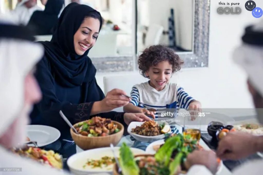 Traditional Turkish family gathering around a table full of food, representing the concept of Evırı, which symbolizes community, tradition, and cultural heritage in Turkish culture, with ornate Turkish patterns in the background.