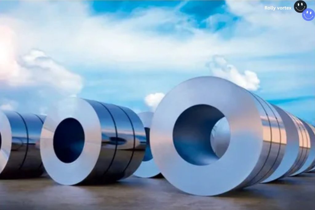 The image showcases large rolls of cold-rolled steel under a bright sky, emphasizing industrial materials. It's related to the keyword 一种 冷轧钢带 双相钢 方法, focusing on advanced steel processing methods.